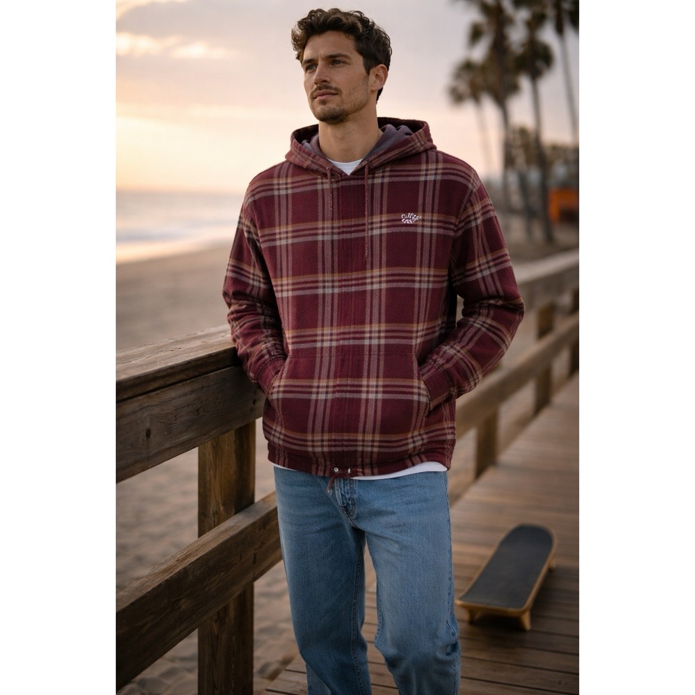 Lost Plaid Flannel Hoodie L Burgundy Cotton Pullover Skate Streetwear - Picture 2 of 11
